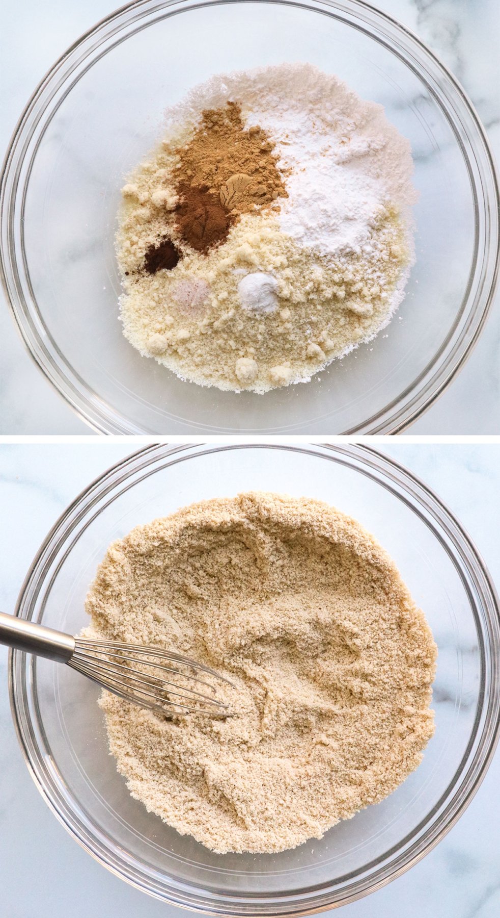 almond flour mixed with baking powder, salt, and spices in a glass bowl.