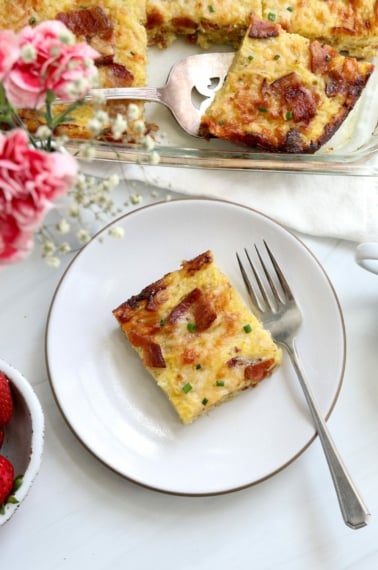 slice of breakfast casserole served on plate.