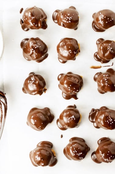 almond butter buckeyes coated in chocolate