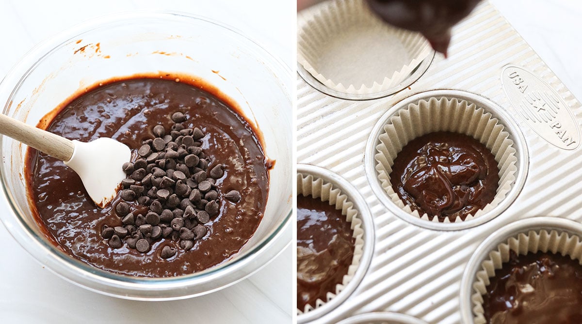 chocolate chips added to the batter and poured into muffin tin.