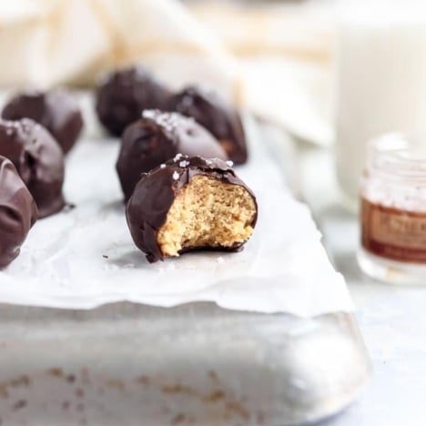 peanut butter chocolate balls with bite out