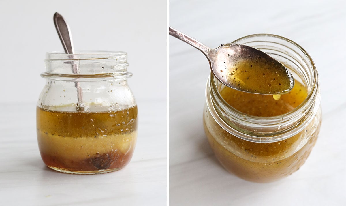 salad dressing stirred together in a glass jar.