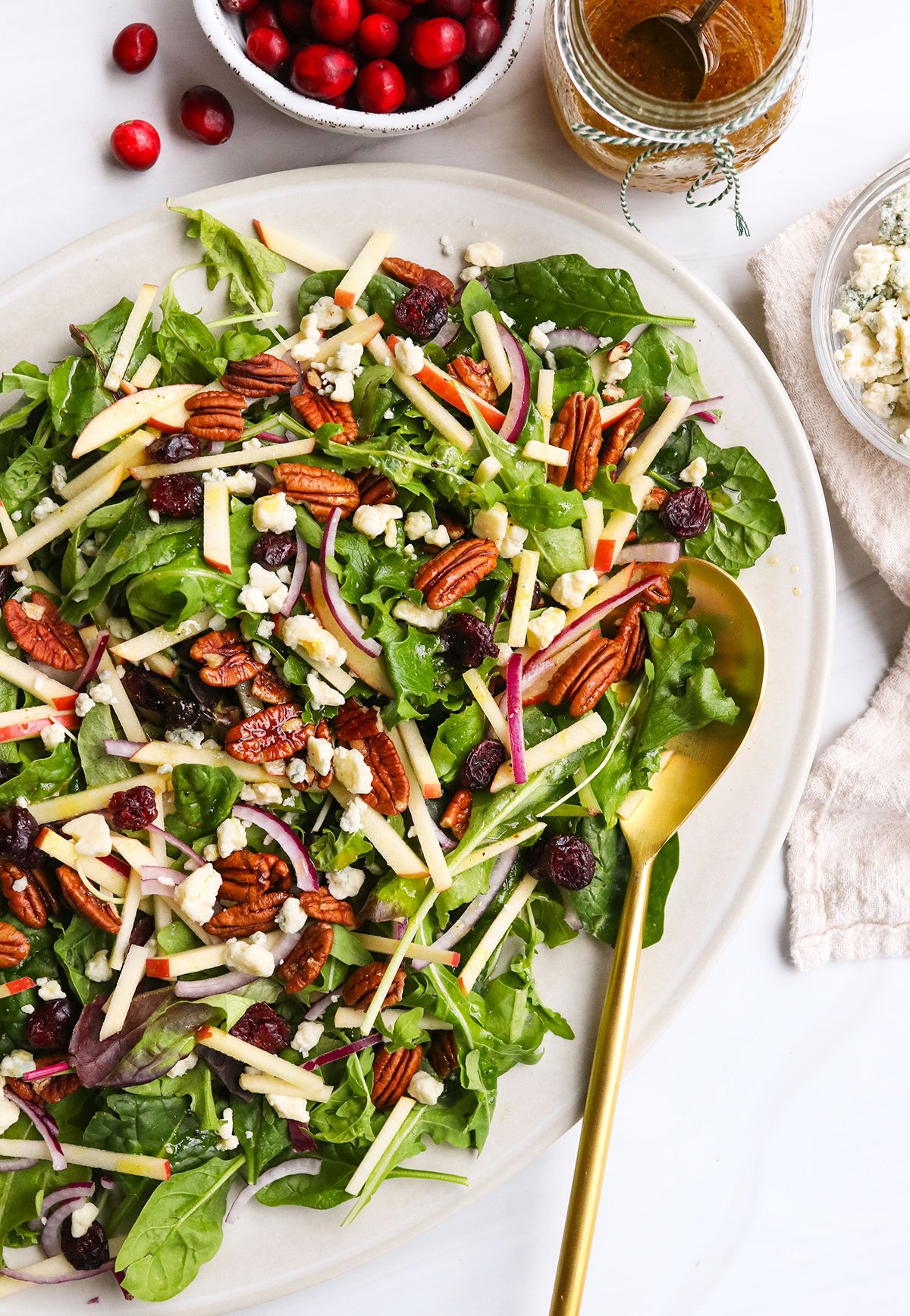 holiday salad served on an oval platter overhead.