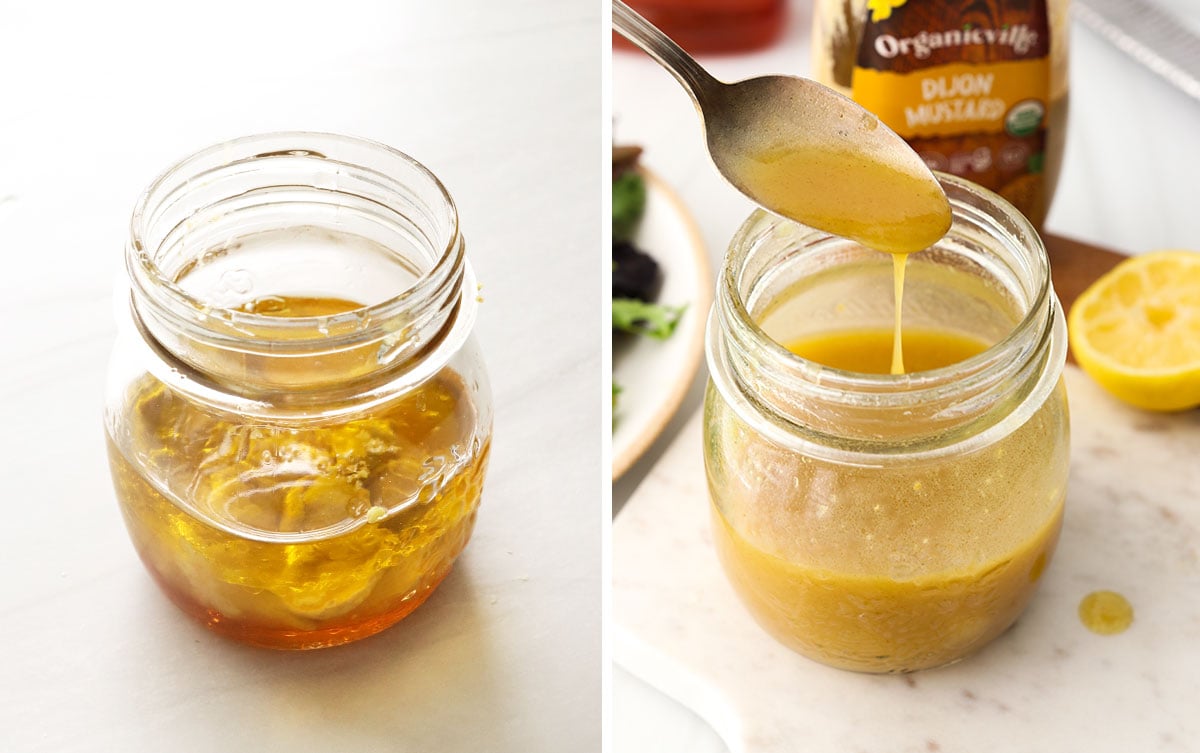 honey dijon dressing mixed together in a glass jar.