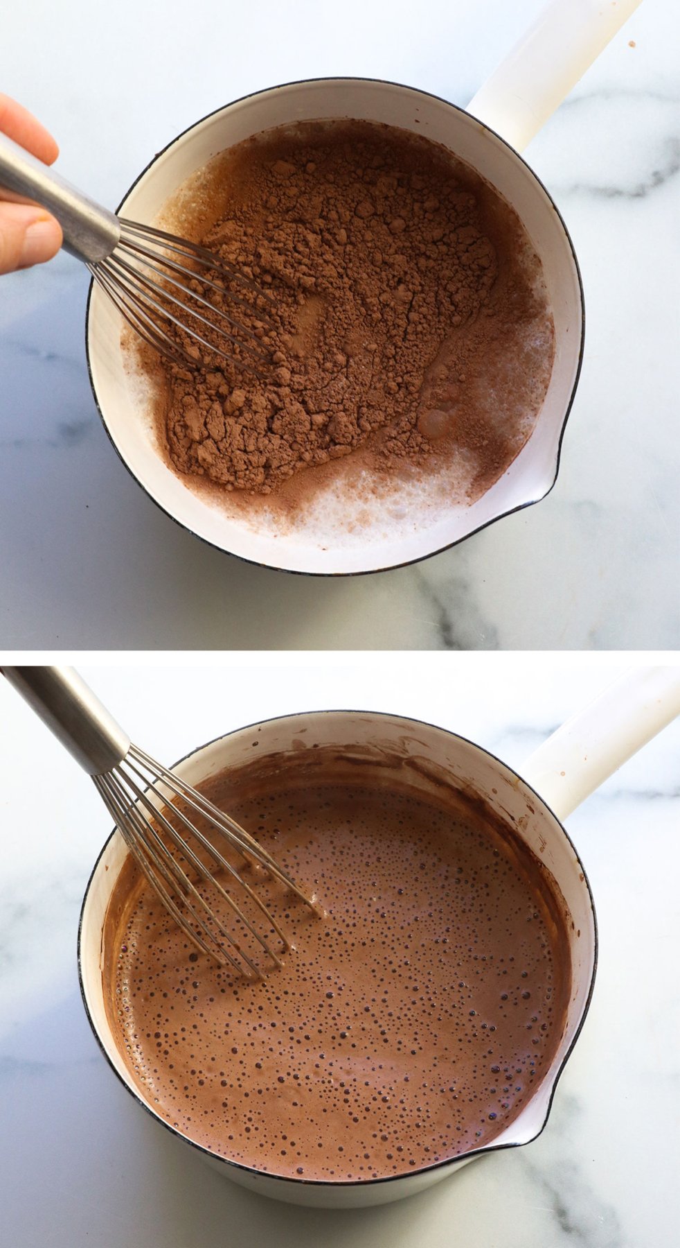 cocoa powder and maple syrup whisked into milk in a small white saucepan.