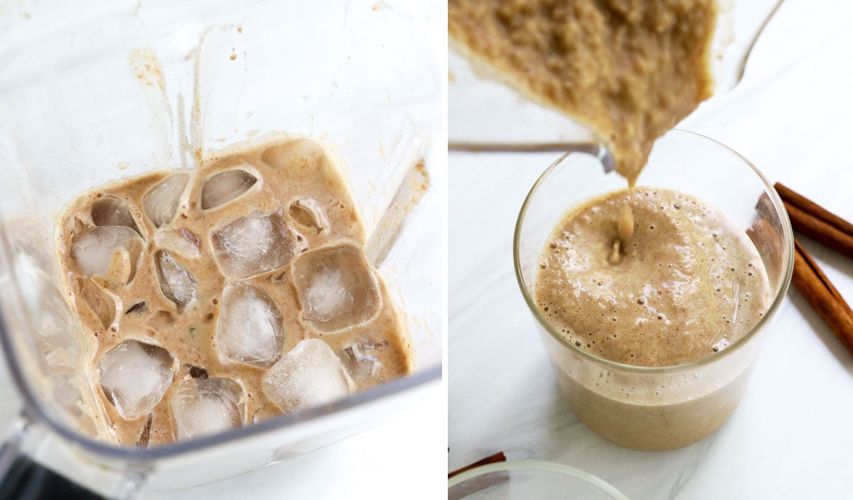 ice added to blender and smoothie poured into glass.