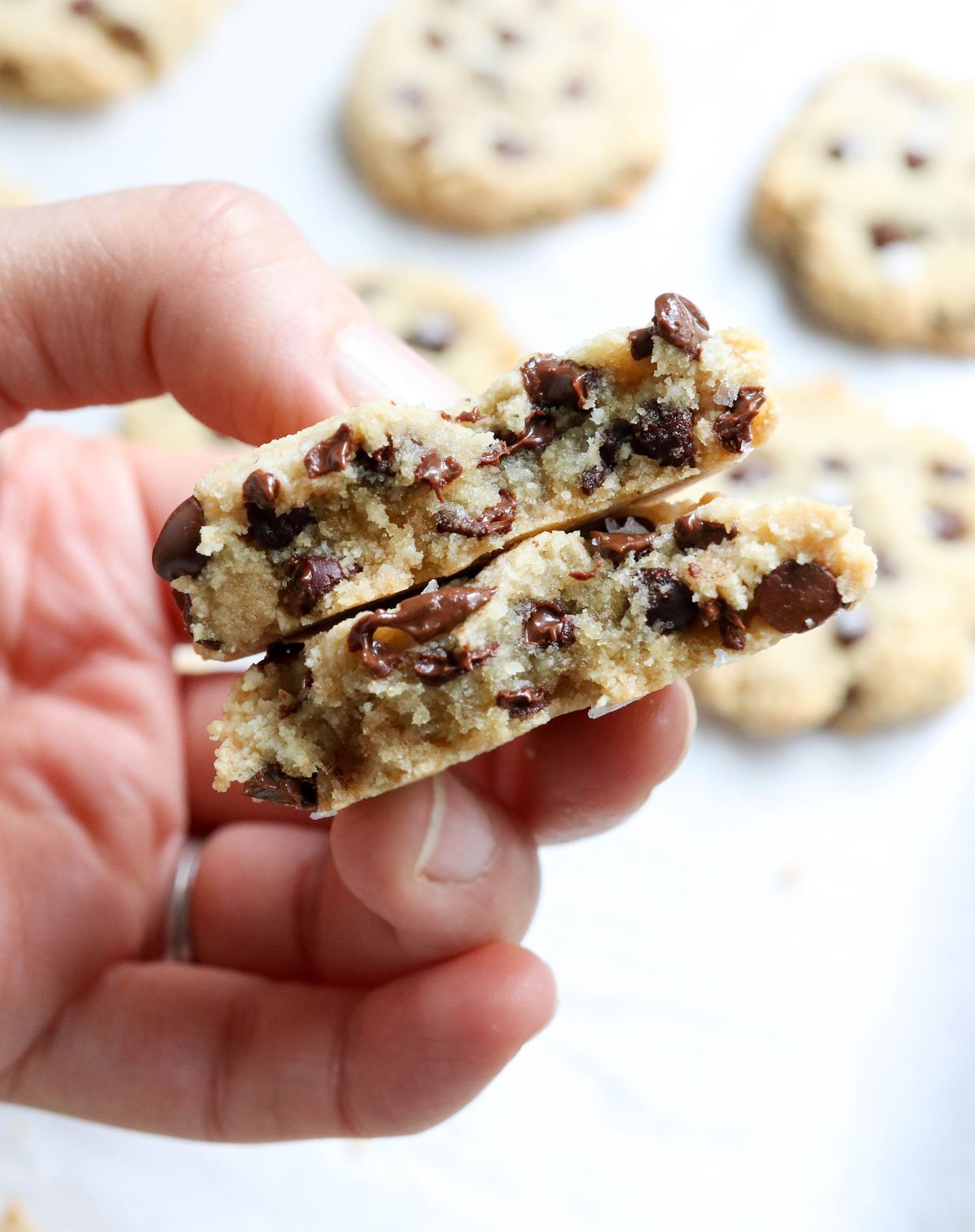 almond flour cookie split in half to show the texture