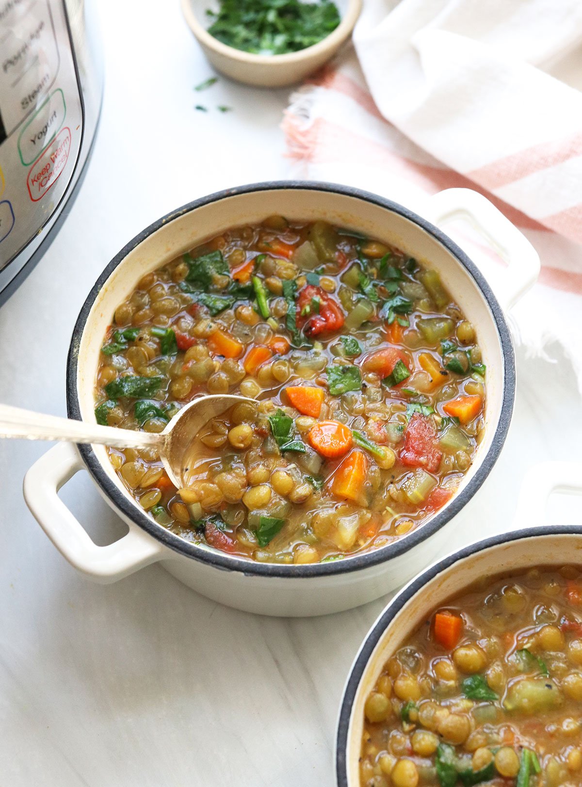 Instant Pot lentil soup served in white bowl.