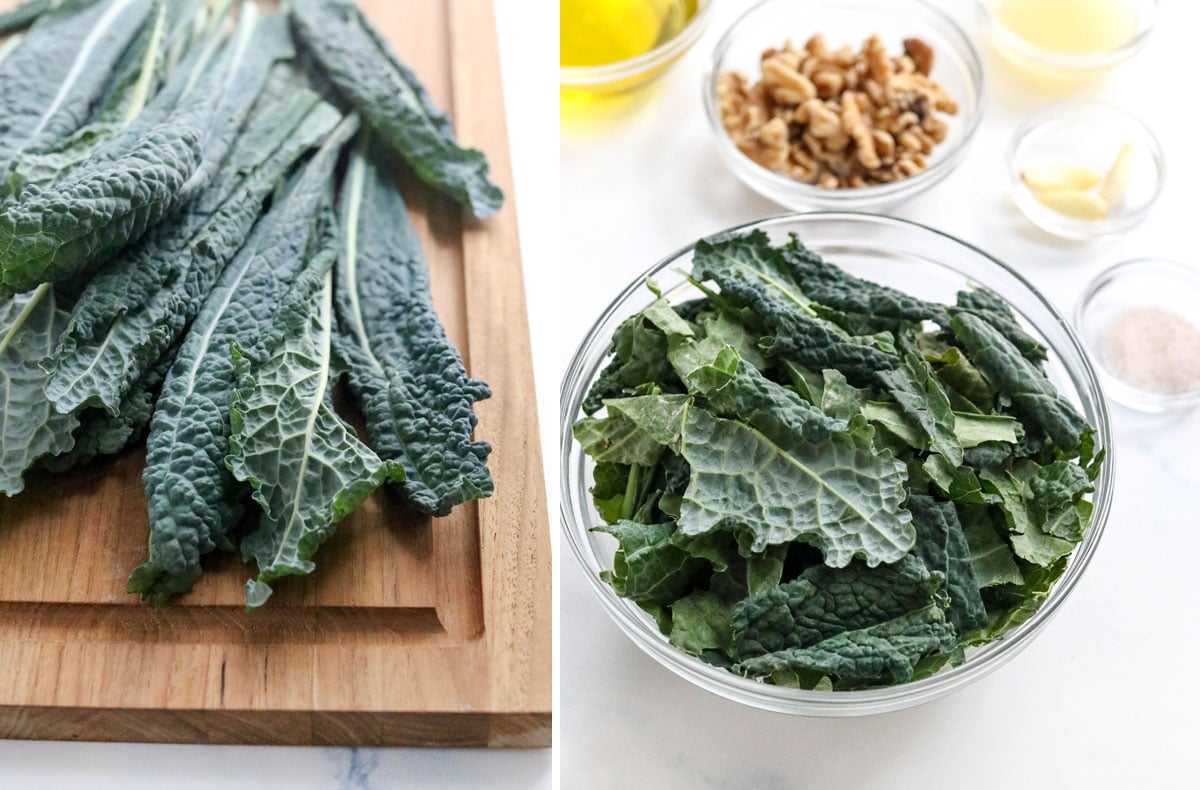 kale pesto ingredients on cutting board