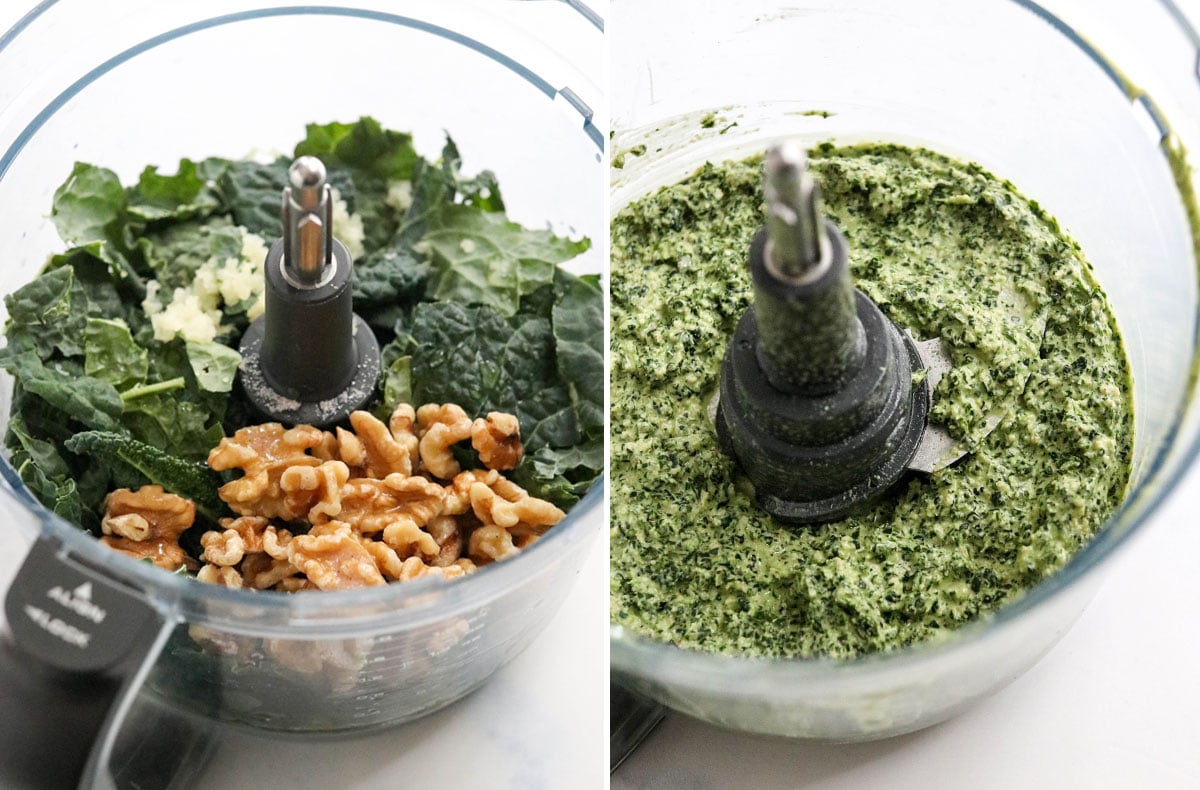 kale pesto pulverized in food processor