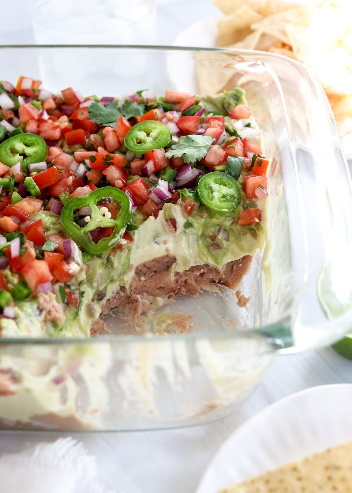 close up of the layers in vegan 7 layer dip pan.