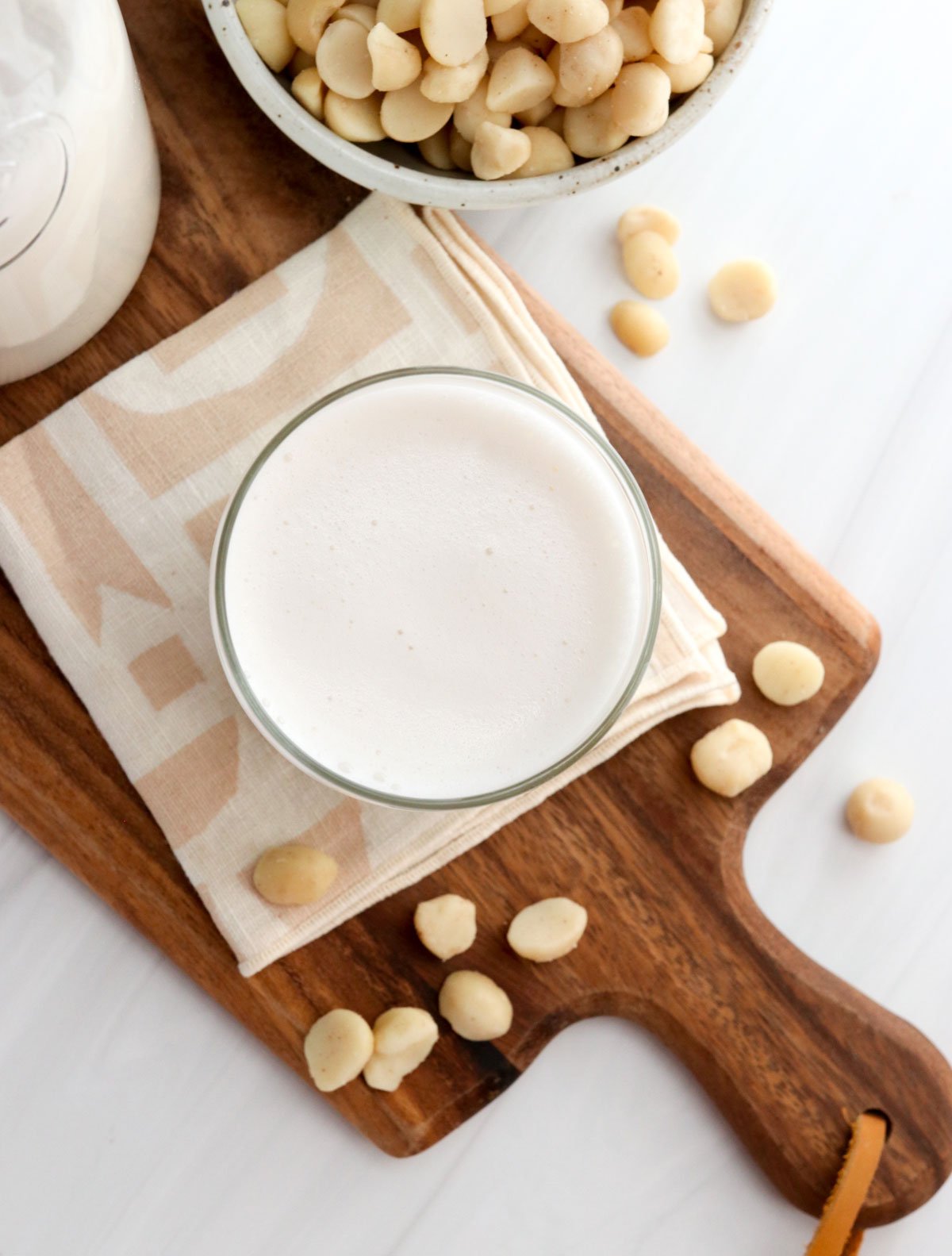 macadamia nut milk in a glass overhead