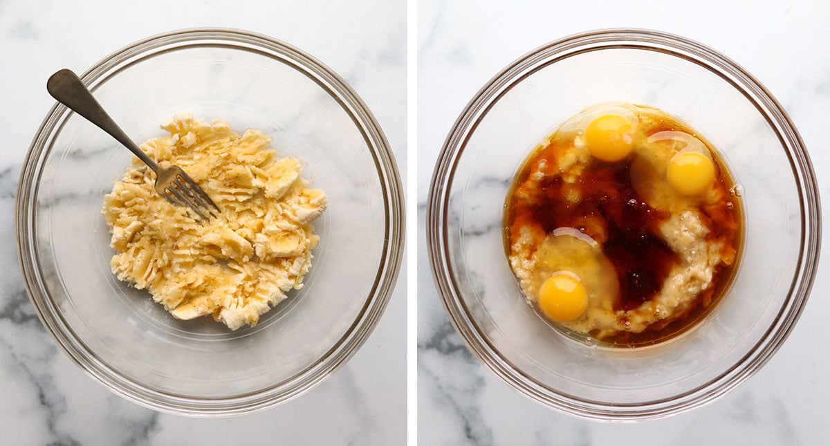 wet ingredients combined in a glass bowl with mashed banana.