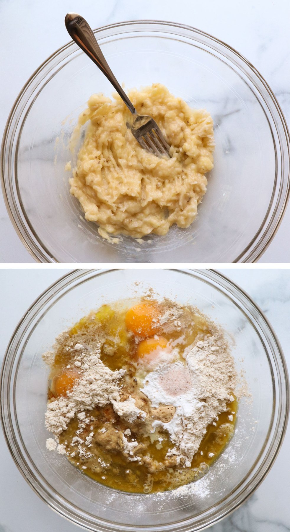 banana mashed with a fork and the rest of the muffin ingredients added to a glass bowl. 