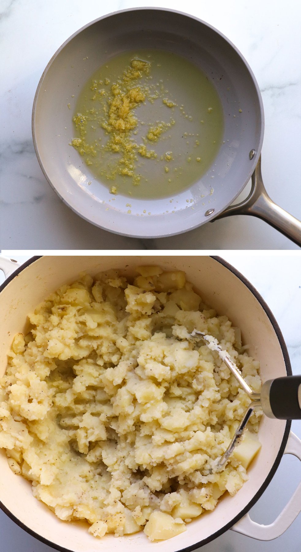 garlic sauteed in a pan and mashed into potatoes in the white pot.