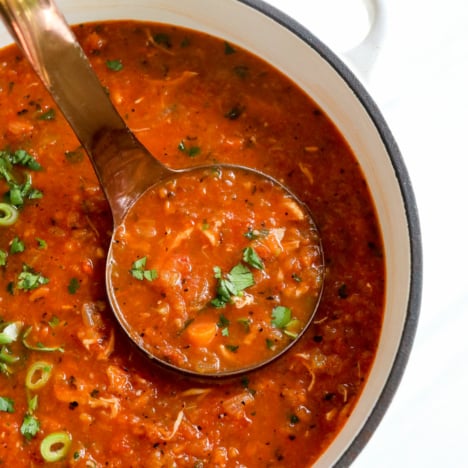 ladle sitting in a white pot of Mexican chicken soup.