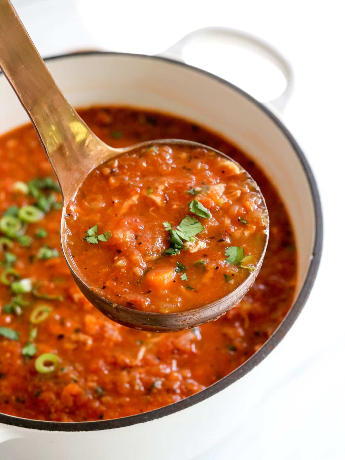 Mexican chicken soup lifted up on ladle.