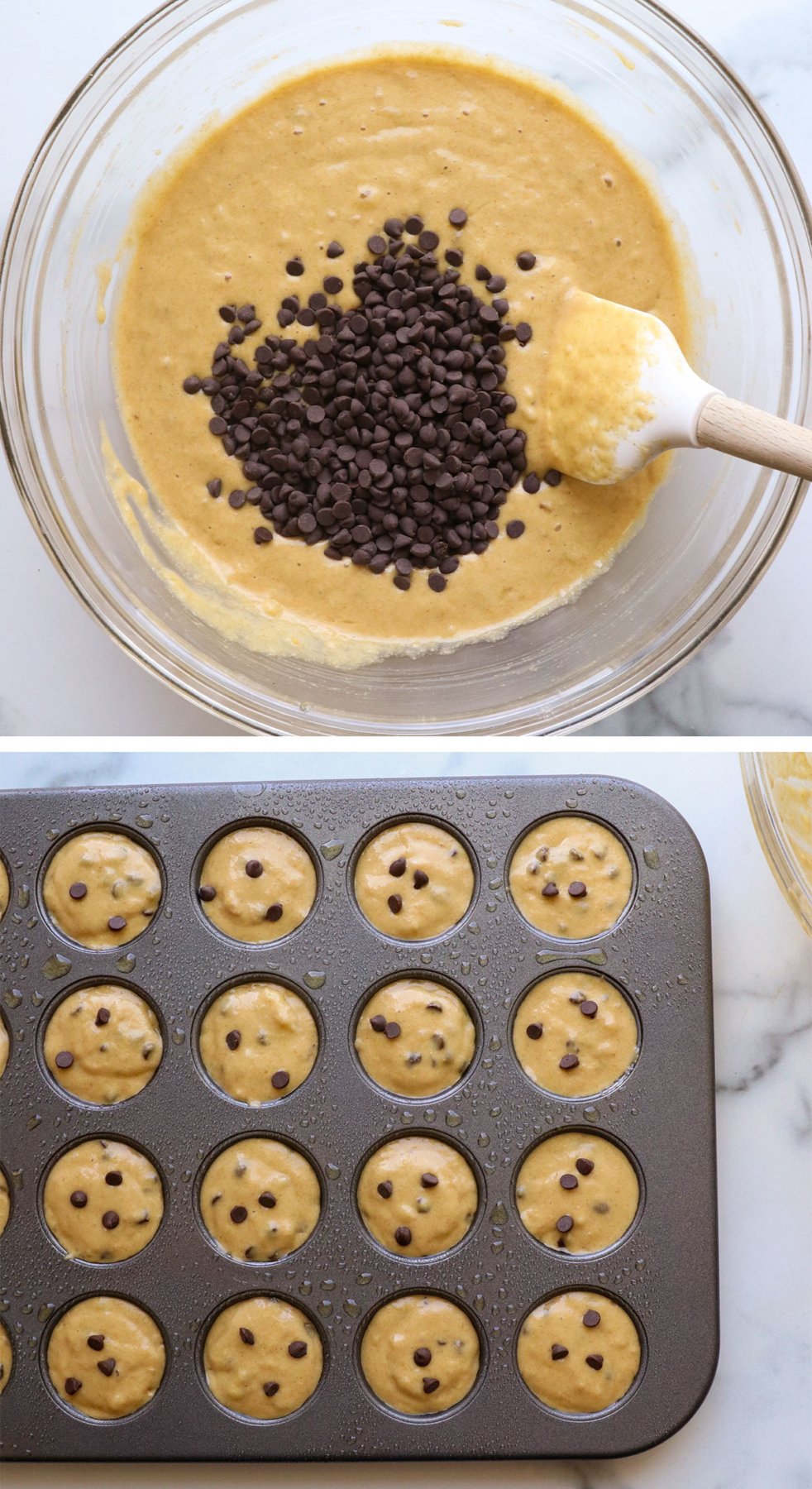 mini chocolate chips added to muffin batter and ready to bake in pan.