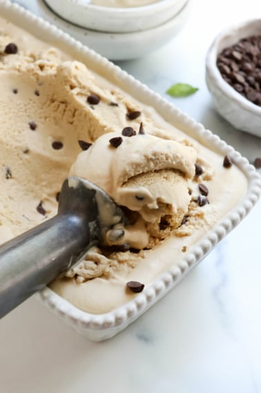 mint ice cream scooped from the pan