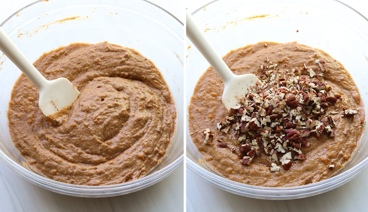 sweet potato muffin batter mixed with pecans added in.