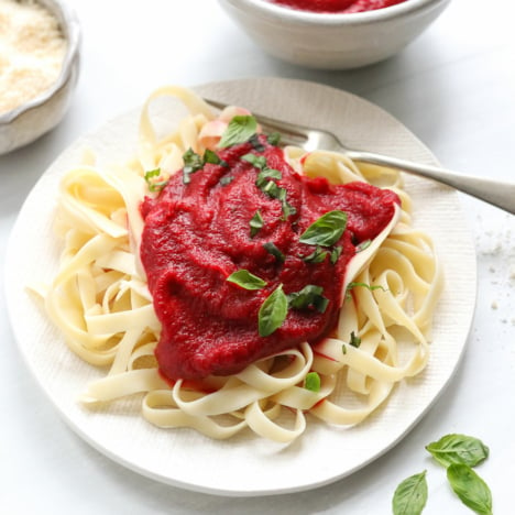 nomato sauce served over pasta with basil.