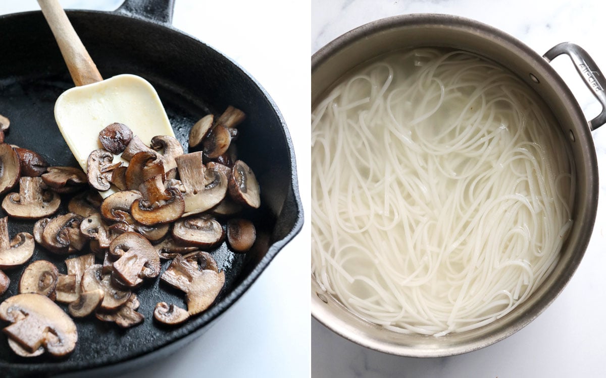 sauteed mushrooms and cooked rice noodles