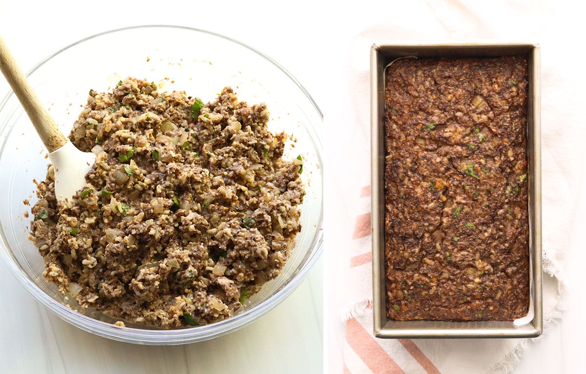 nut roast mixture combined in large bowl and baked in loaf pan.