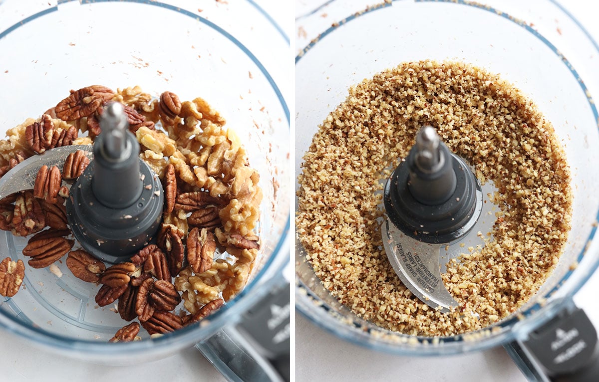 walnuts and pecans processed in food processor.