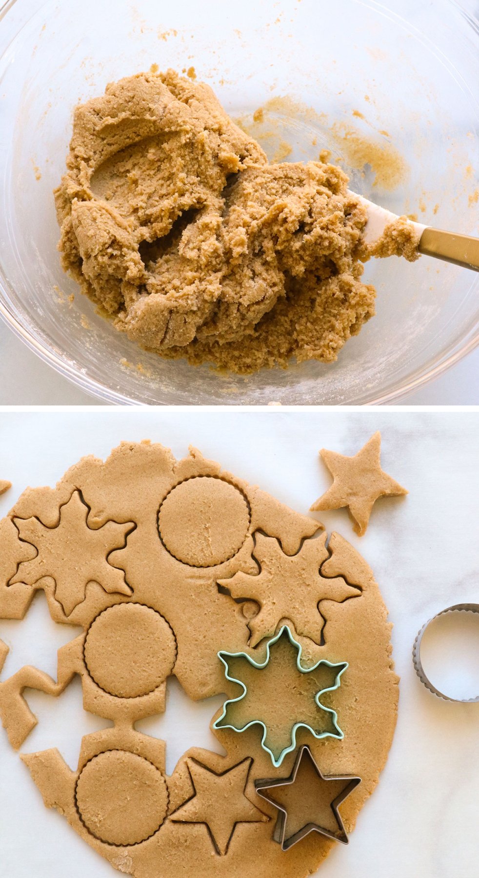 oat flour dough mixed and rolled out to use cookie cutters.