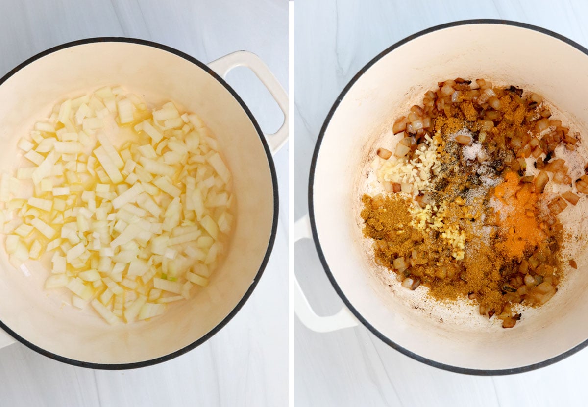 onions and spices in pot