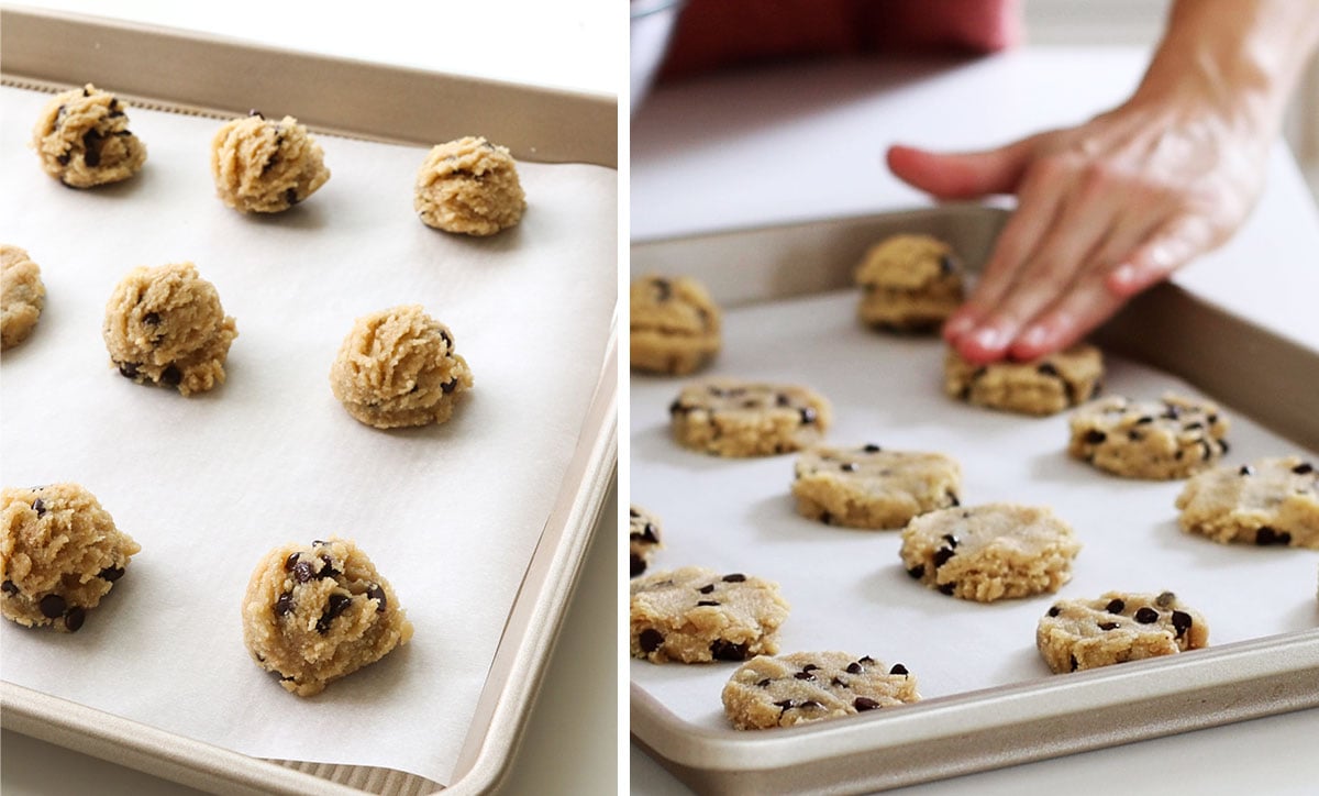 Paleo cookie dough dropped and flattened on a baking sheet.