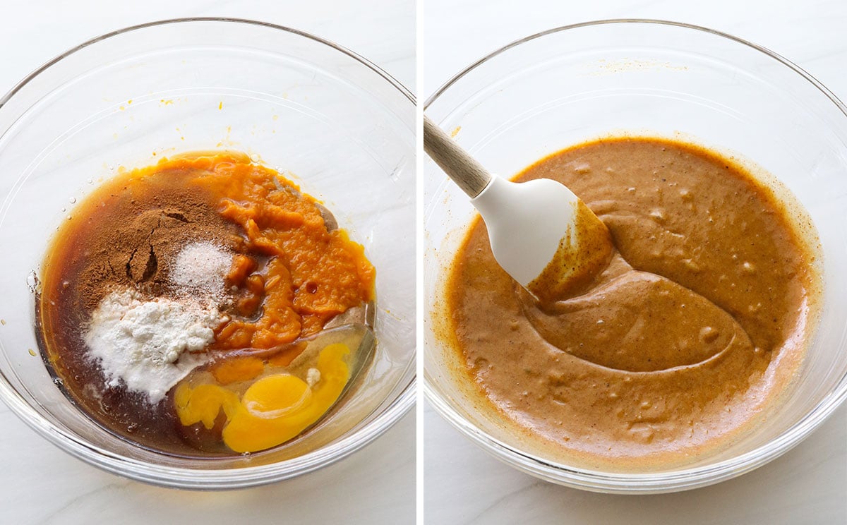 paleo pumpkin muffin batter stirred together in a glass bowl.