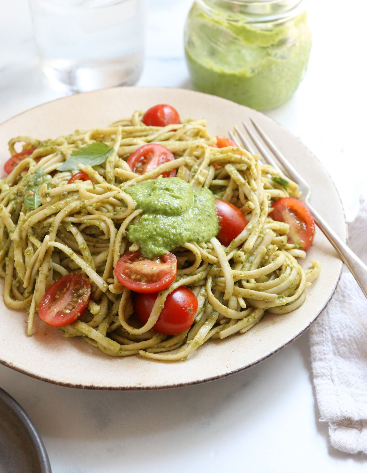 pasta with a dollop of pesto on top