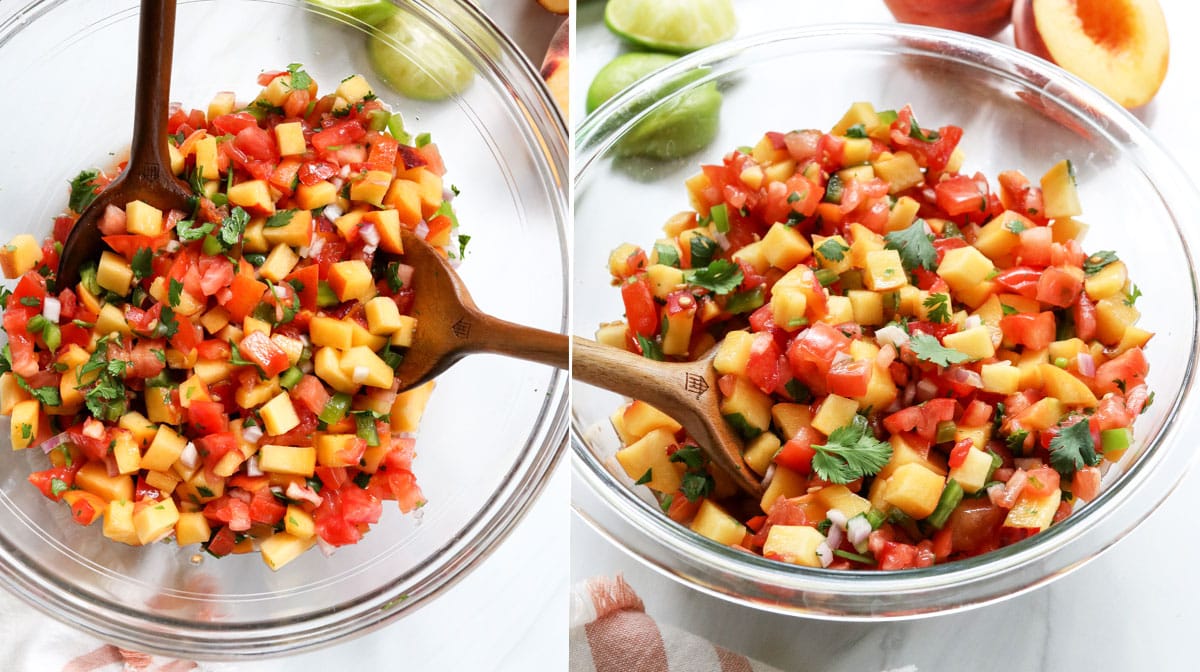 salsa mixed together with wooden spoon in a glass bowl.