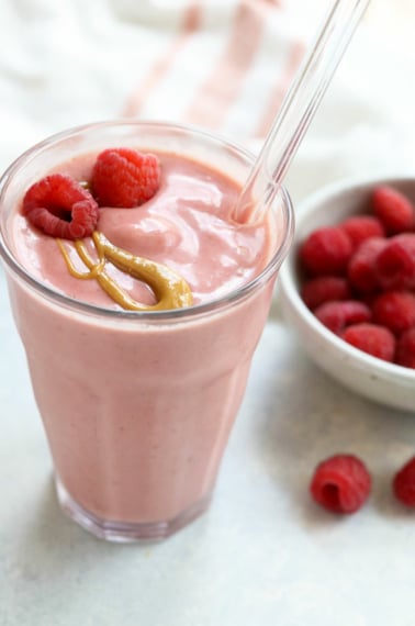 PB&J smoothie with raspberries on top