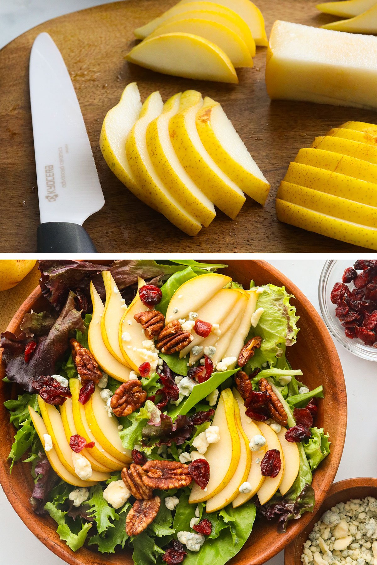 pears thinly sliced on cutting board and arranged on a bowl of greens.