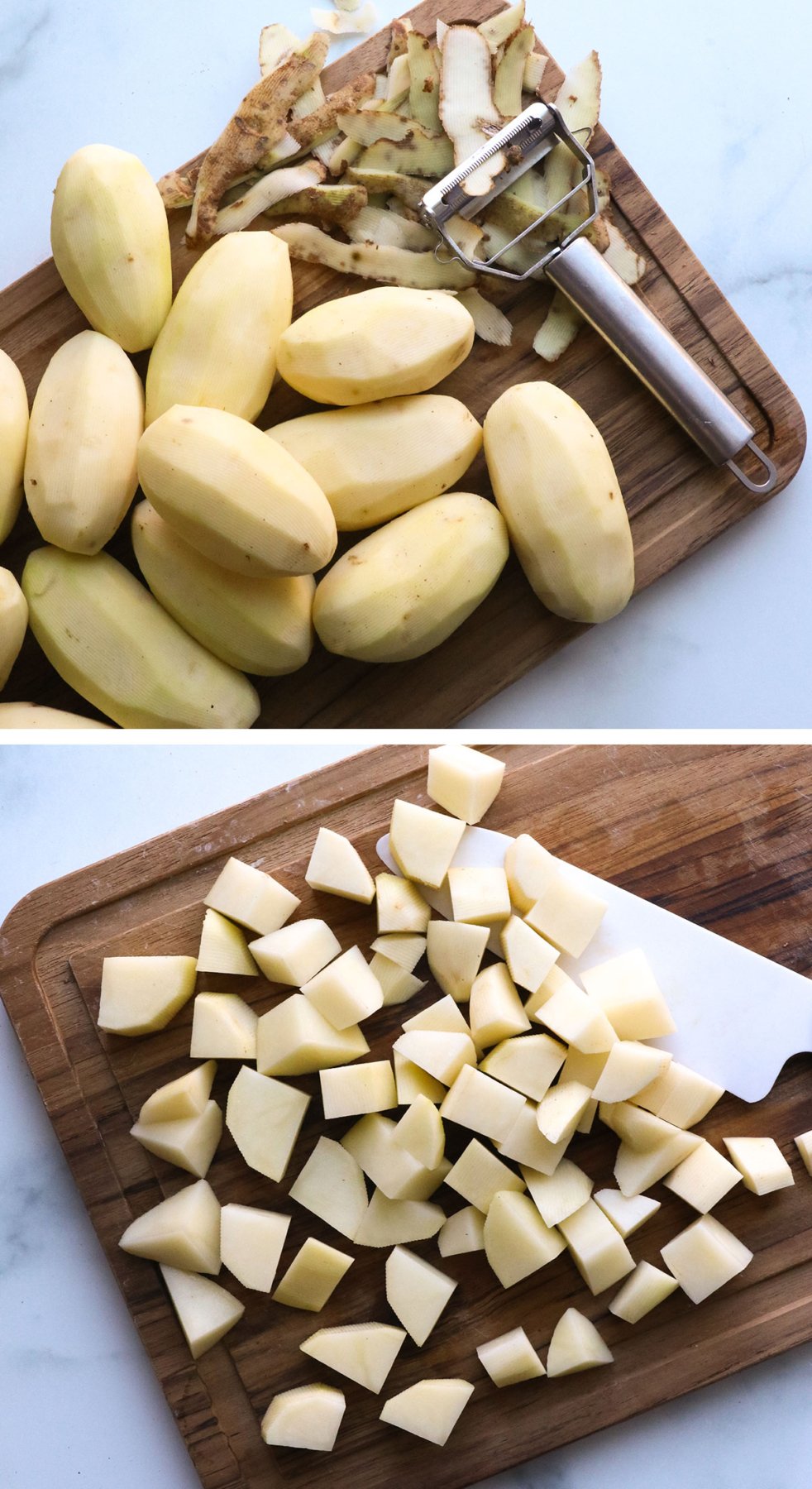 potatoes peeled and cut into chunks on a cutting board.