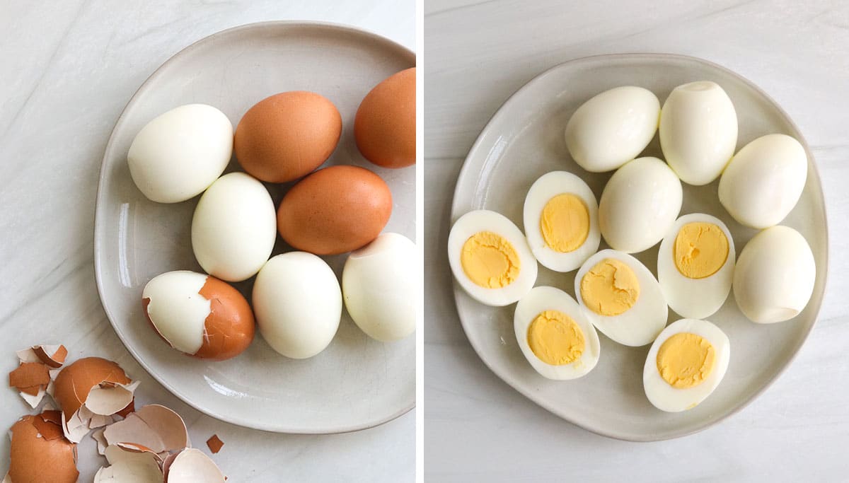 hard boiled eggs peeled and cut in half.