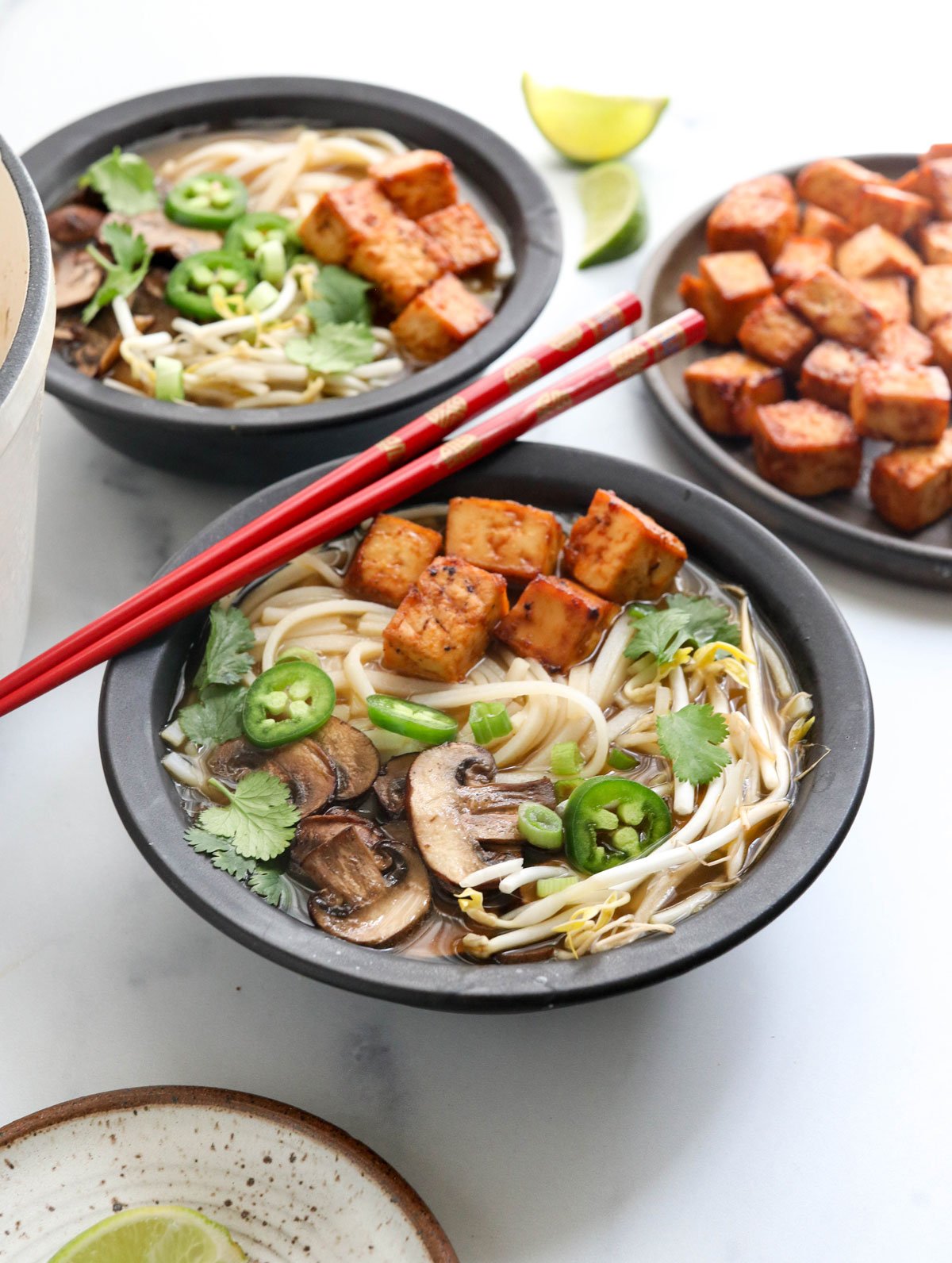 vegetarian pho topped with tofu and bean sprouts