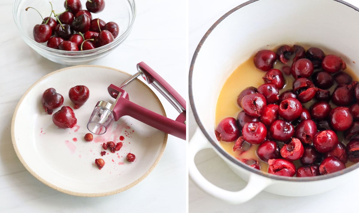 cherries pitted and added to pot.