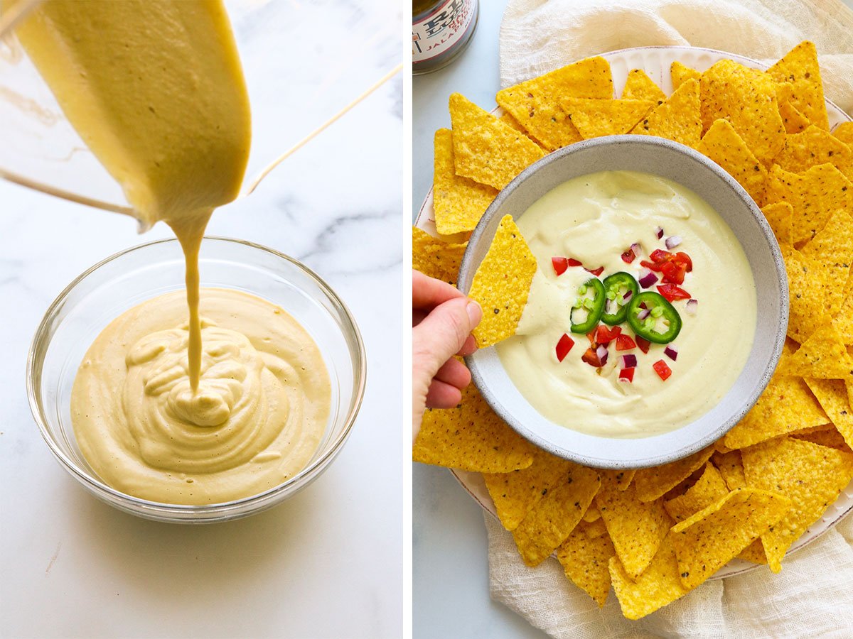 cheese sauce poured into glass bowl and served with a side of chips.