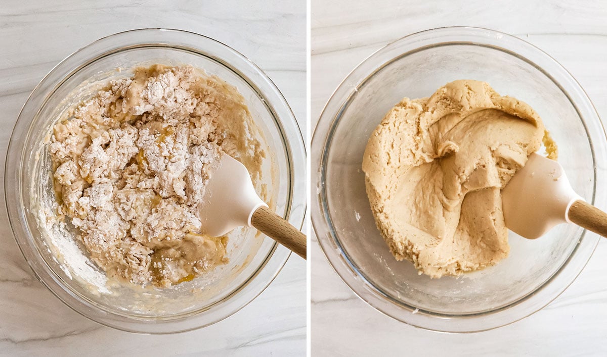 pretzel dough mixed together in glass bowl.