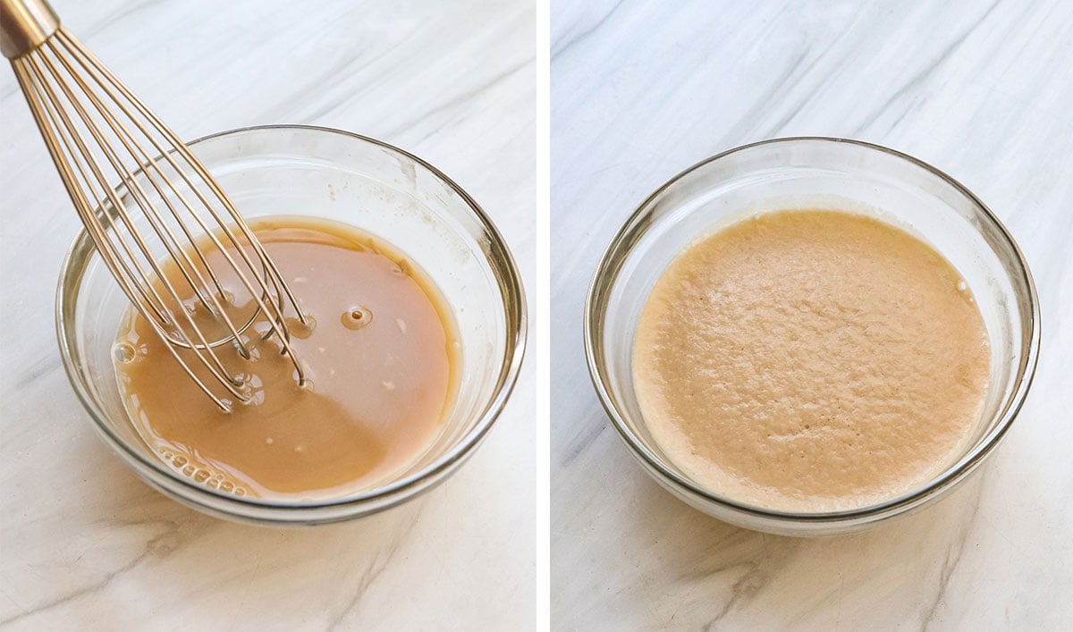 yeast proofed in glass bowl with foam on top.