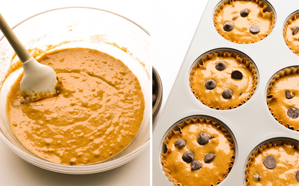 muffin batter mixed and chocolate chips added to the muffin pan.