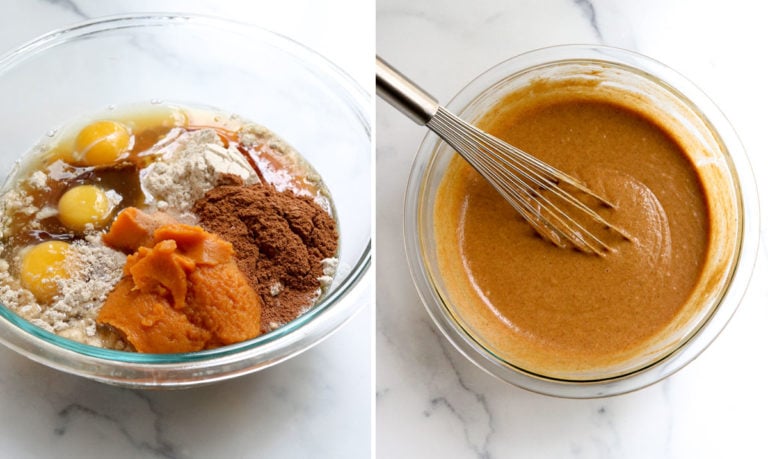 pumpkin bread ingredients mixed together in bowl