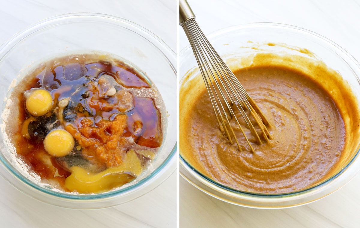 wet ingredients mixed into the batter with a whisk.