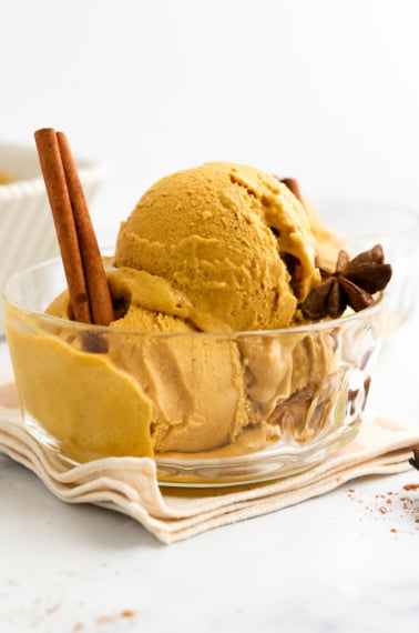 pumpkin ice cream in glass dish