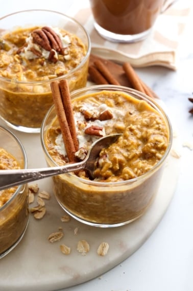 pumpkin overnight oats with spoon inside