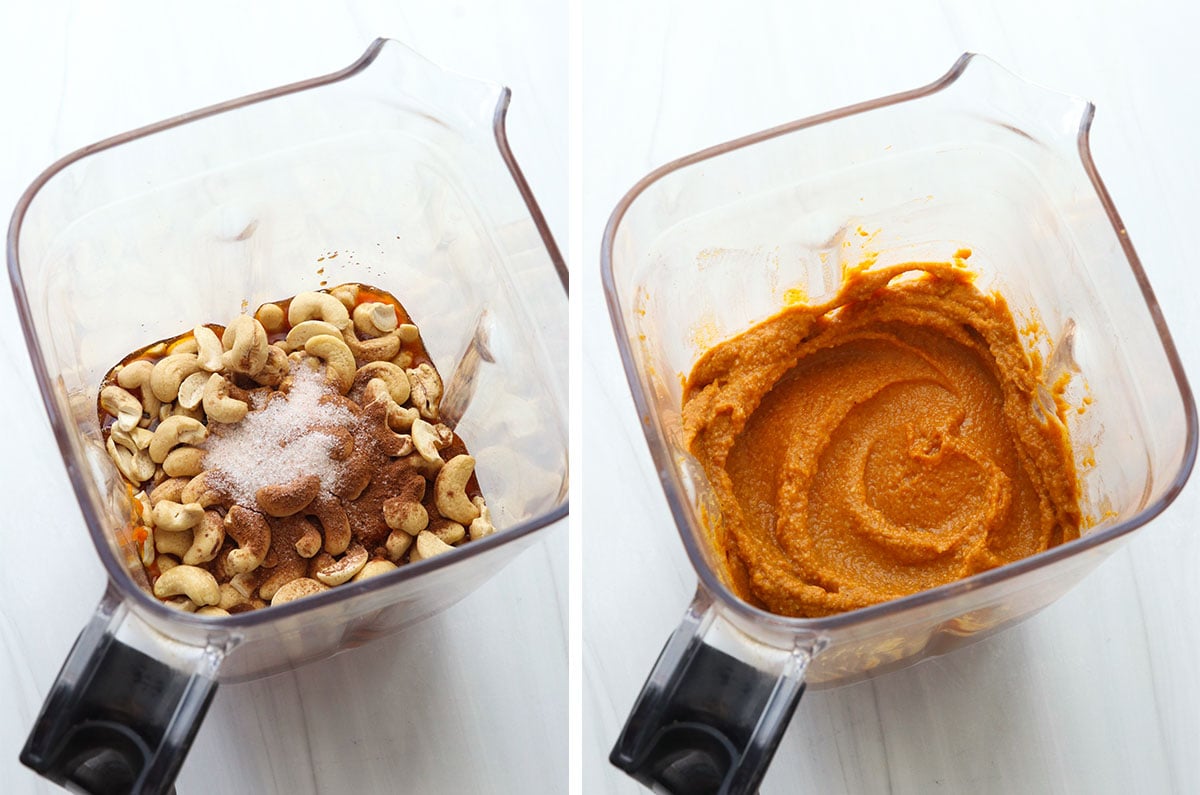 vegan pumpkin pie filling blended in a high-speed blender container.