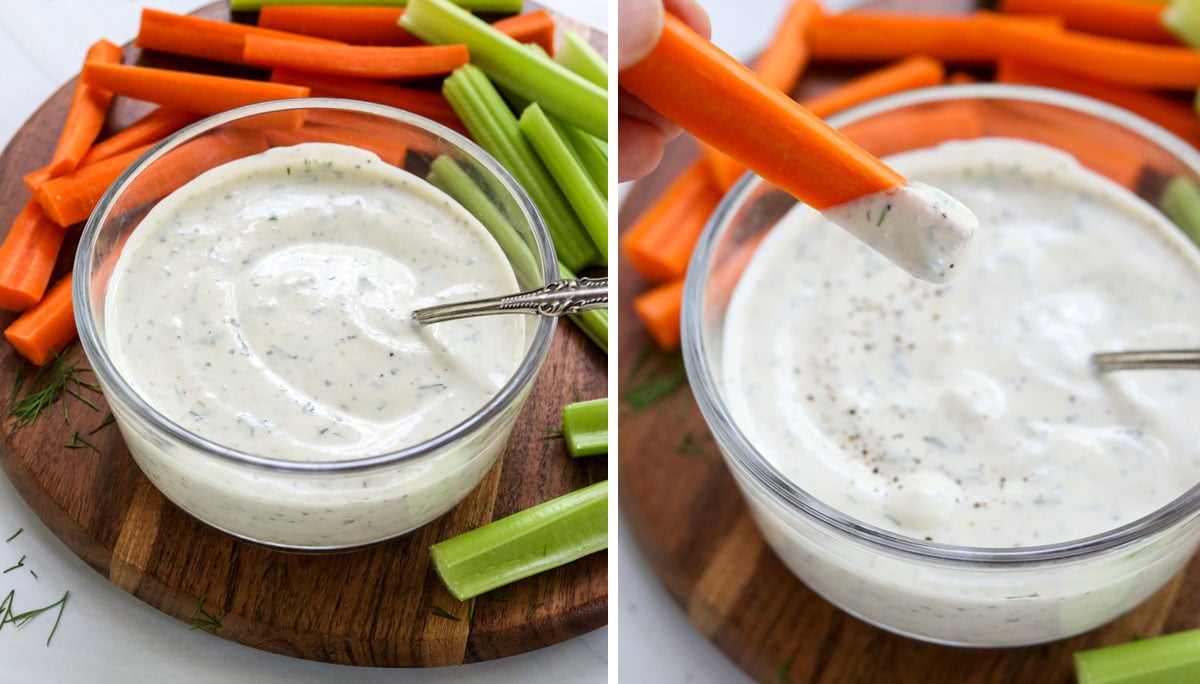 dressing ready to serve with carrot dipped in.